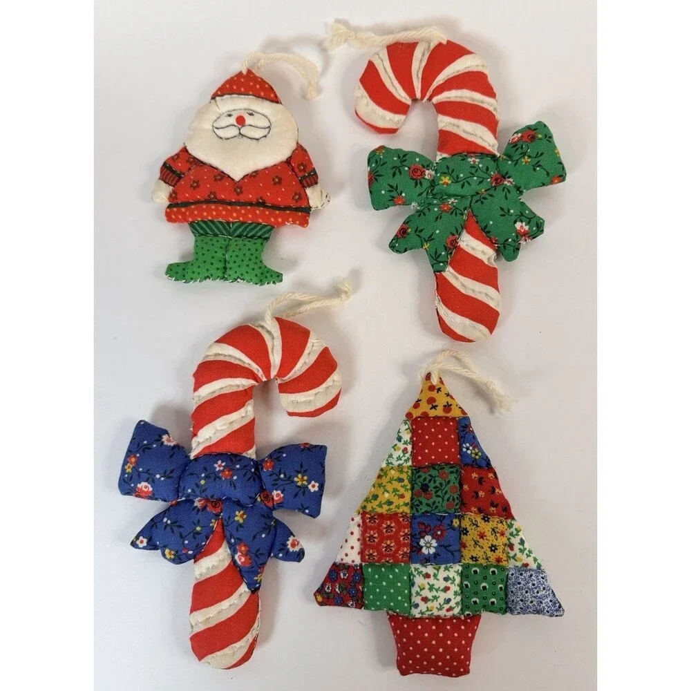 Group of 4 Patchwork Ornaments Vintage Christmas Quilted Fabric
